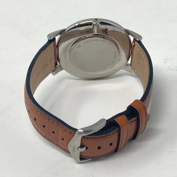 Fossil Minimalist Watch Men MISSING CROWN 44mm Silver Tone Blue Dial Leather - Picture 13 of 16